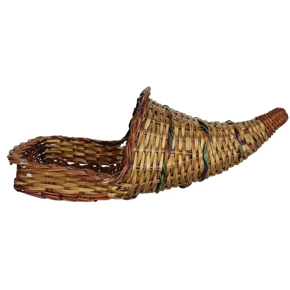 Vintage Horn Of Plenty Cornucopia Woven Wicker Vase Bohemian Boho Basket Wall